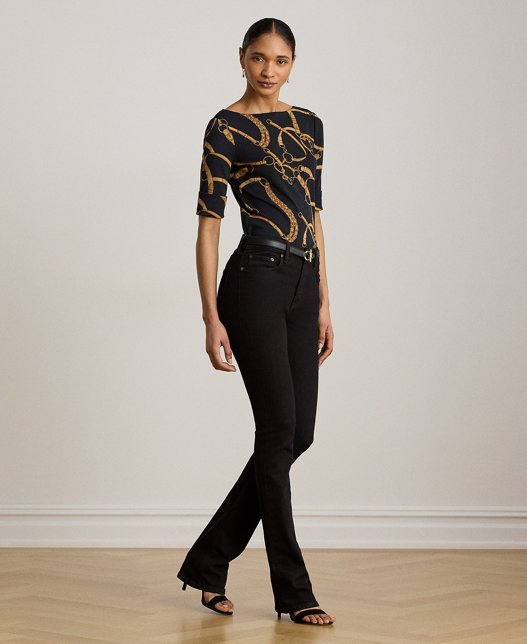 Lauren Ralph Lauren Women's Boat Neck Belting Print T-Shirt - Black/tan