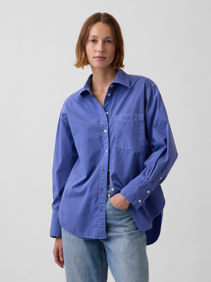 Organic Cotton Poplin Stripe Big Shirt - Mosaic blue