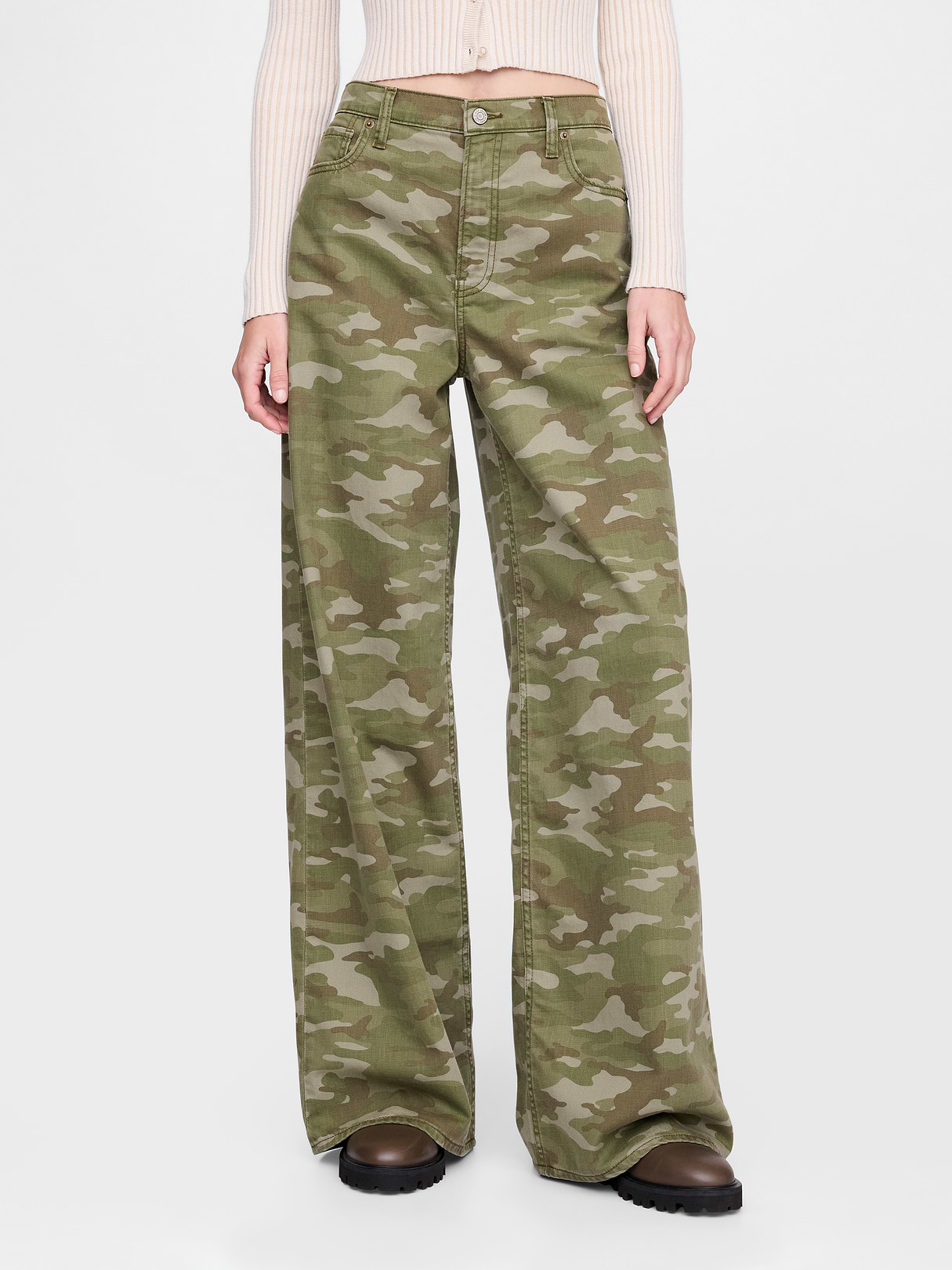 Mid Rise Denim Stripe Baggy Jeans - Green camo