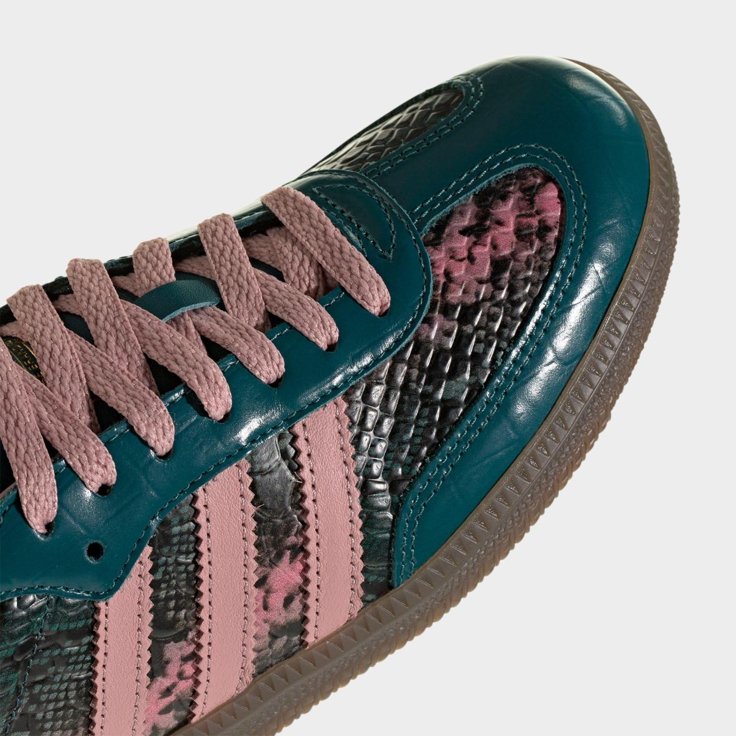 Women's adidas Originals Samba OG Casual Shoes - Part 1 - Rich Green/Wonder Mauve/Gold Metallic - Back view