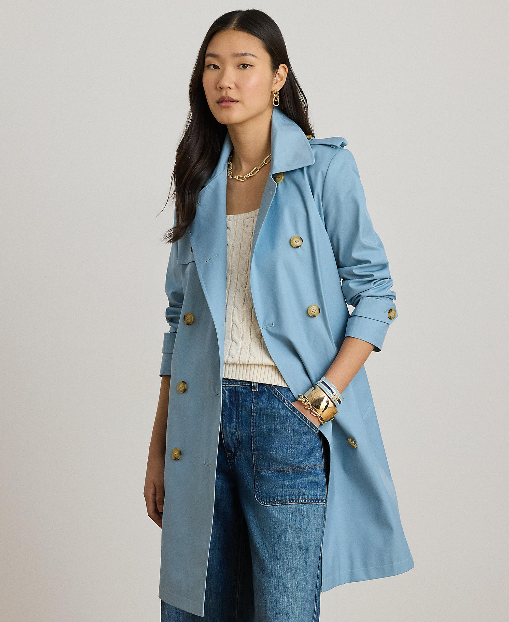 Lauren Ralph Lauren Women's Double-Breasted Belted Trench Coat, Created for Macy's - Blue Note