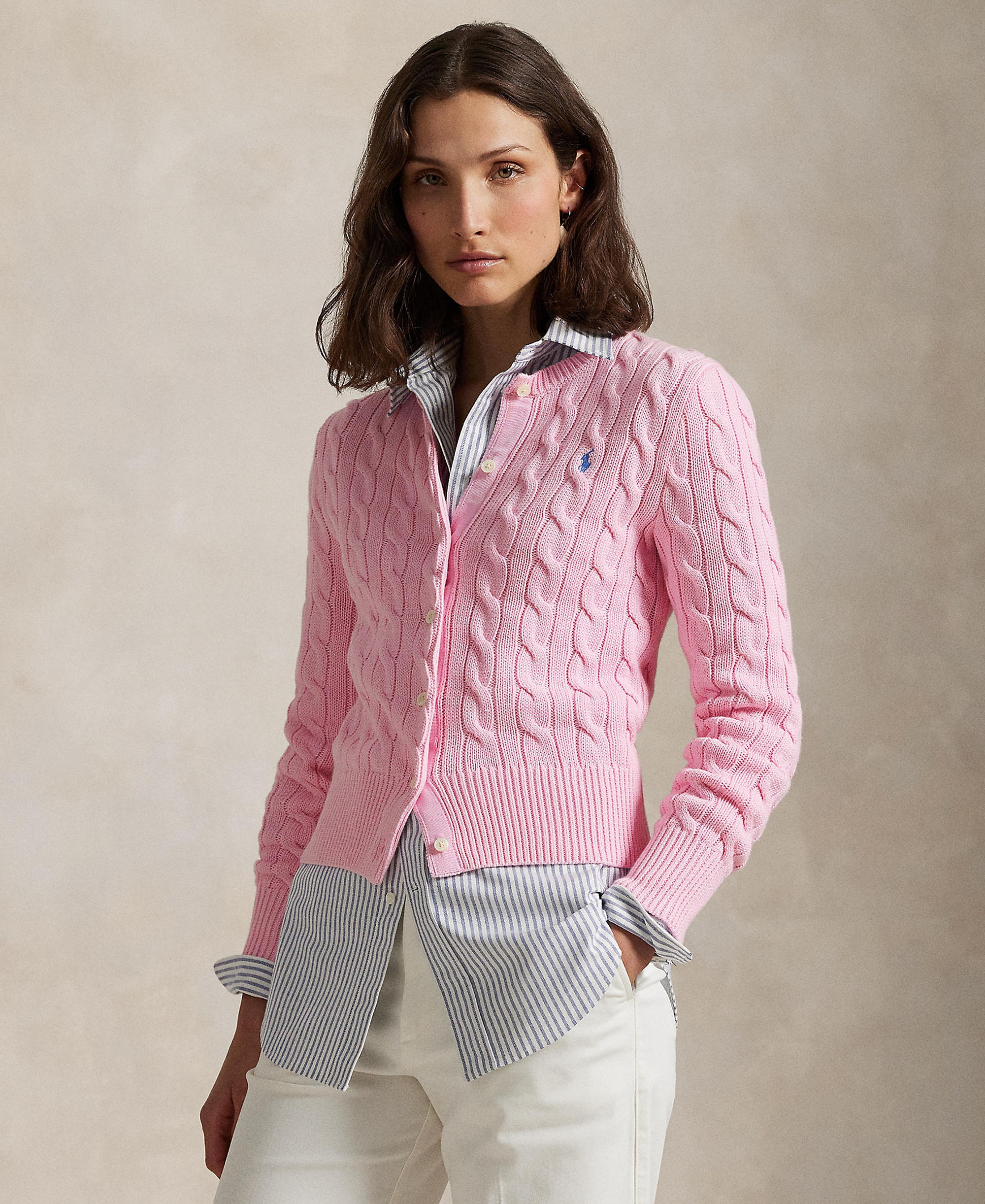Polo Ralph Lauren Women's Cable-Knit Cotton Crewneck Cardigan Sweater - Carmel Pink