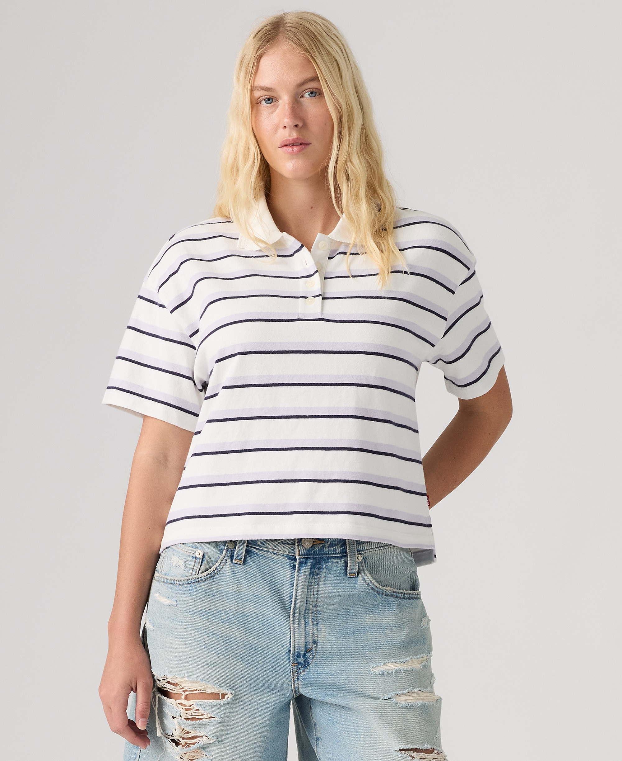 Levi's Women's Didion Rugby Short-Sleeve Collared Polo Shirt - Pepper Stripe Lavender Blue