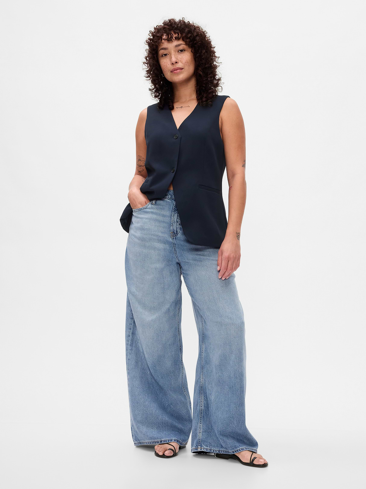 Mid Rise Denim Stripe Baggy Jeans - light indigo