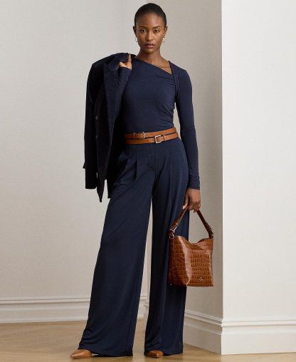 Lauren Ralph Lauren Women's Pleated Stretch Jersey Wide-Leg Pants - Lauren Navy