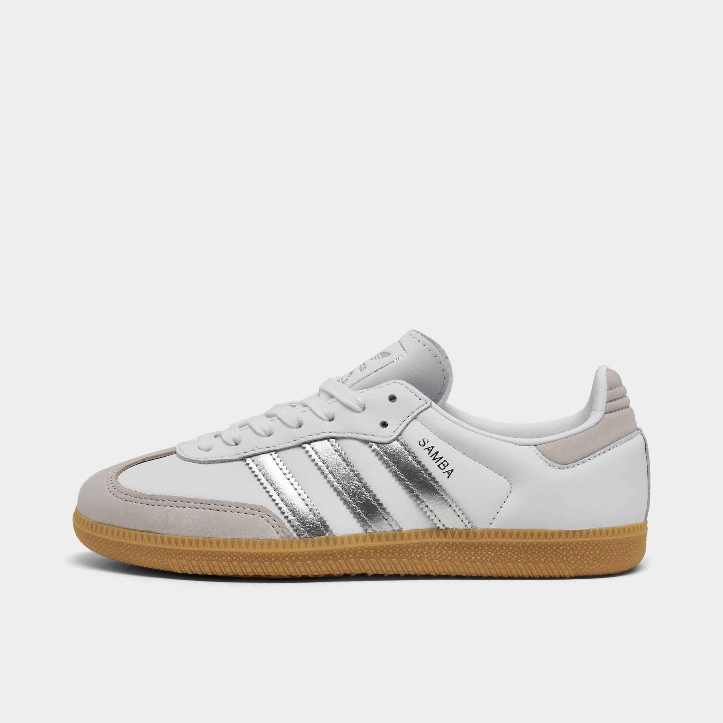 Women's adidas Originals Samba OG Casual Shoes - Part 6 - Cloud White/Silver Metallic/Grey One - Left shoe facing left. Outside of the shoe.