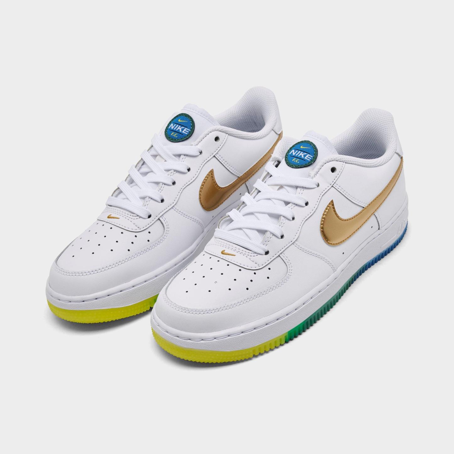 Big Kids' Nithtke Air Force 1 Low Casual Shoes - White/Metallic Gold/Soar/Sonic Yellow - Both shoes facing left