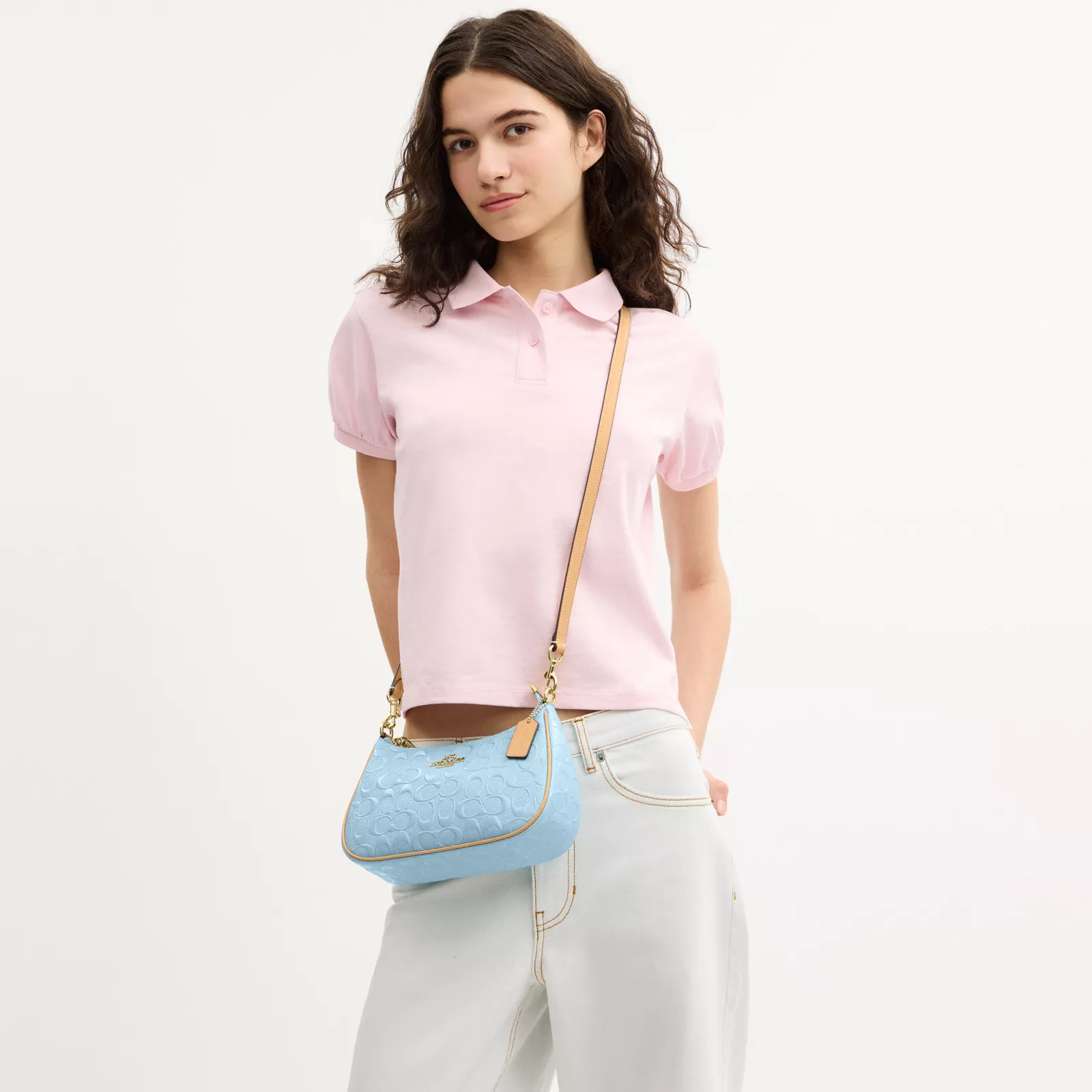 Teri Shoulder Bag In Signature Leather - Gold/Light Blue - view 3