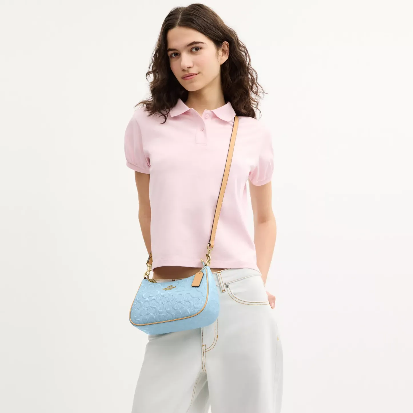 Teri Shoulder Bag In Signature Leather - Gold/Light Blue - view 3