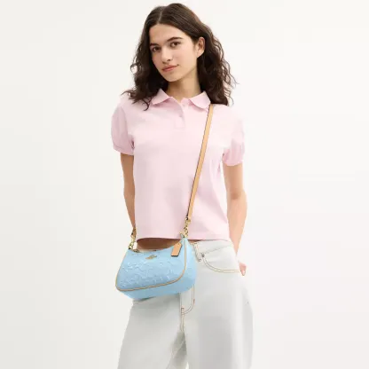 Teri Shoulder Bag In Signature Leather - Gold/Light Blue - view 3