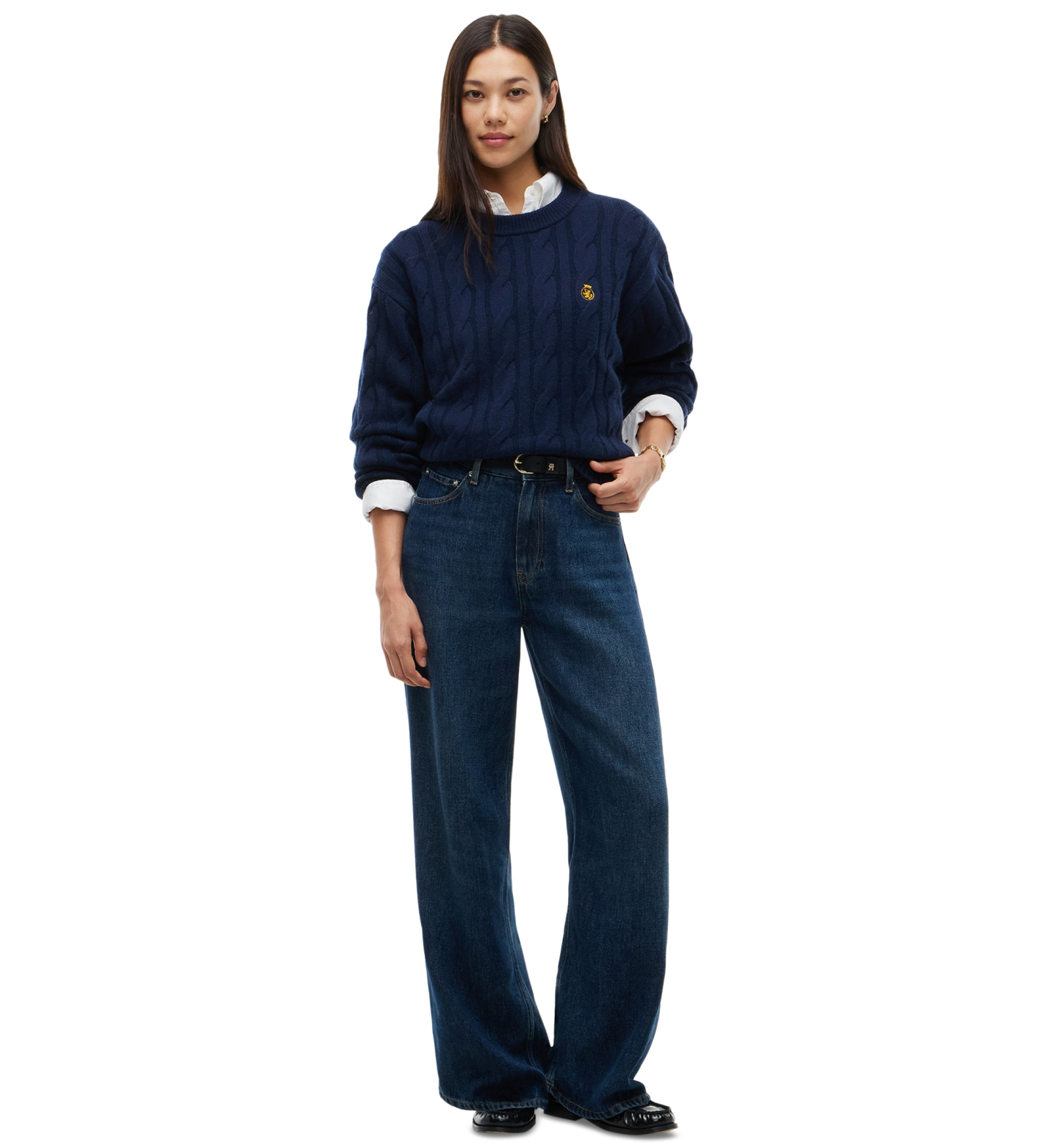 Tommy Hilfiger Women's American Icons 100% Wool Cable-Knit Crewneck Sweater, Macy's Exclusive - Dark Blue