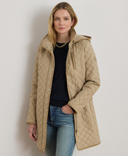 Lauren Ralph Lauren Womens Hooded Quilted Faux-Suede-Trim Coat - New birch