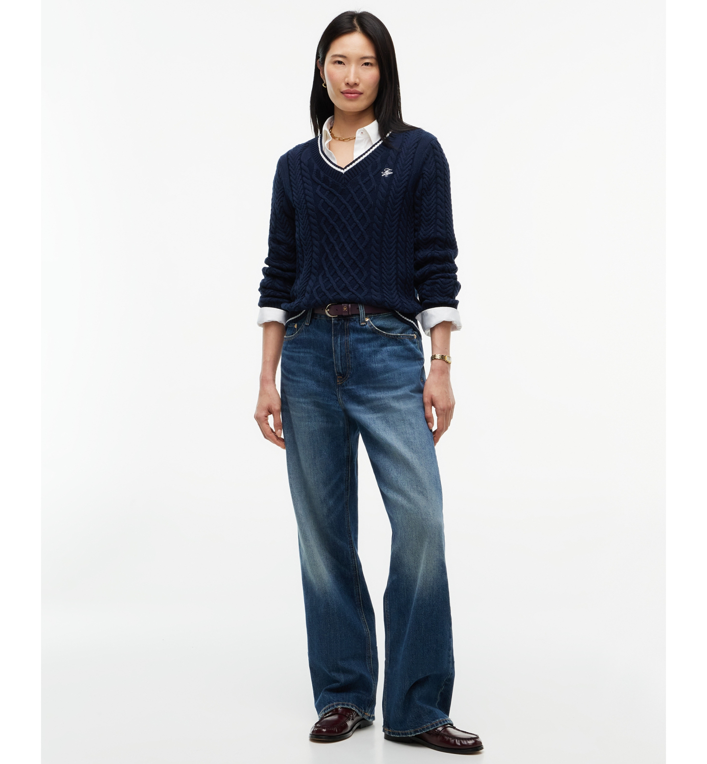 Tommy Hilfiger Women's Cable-Knit V-Neck Sweater - Dark Blue