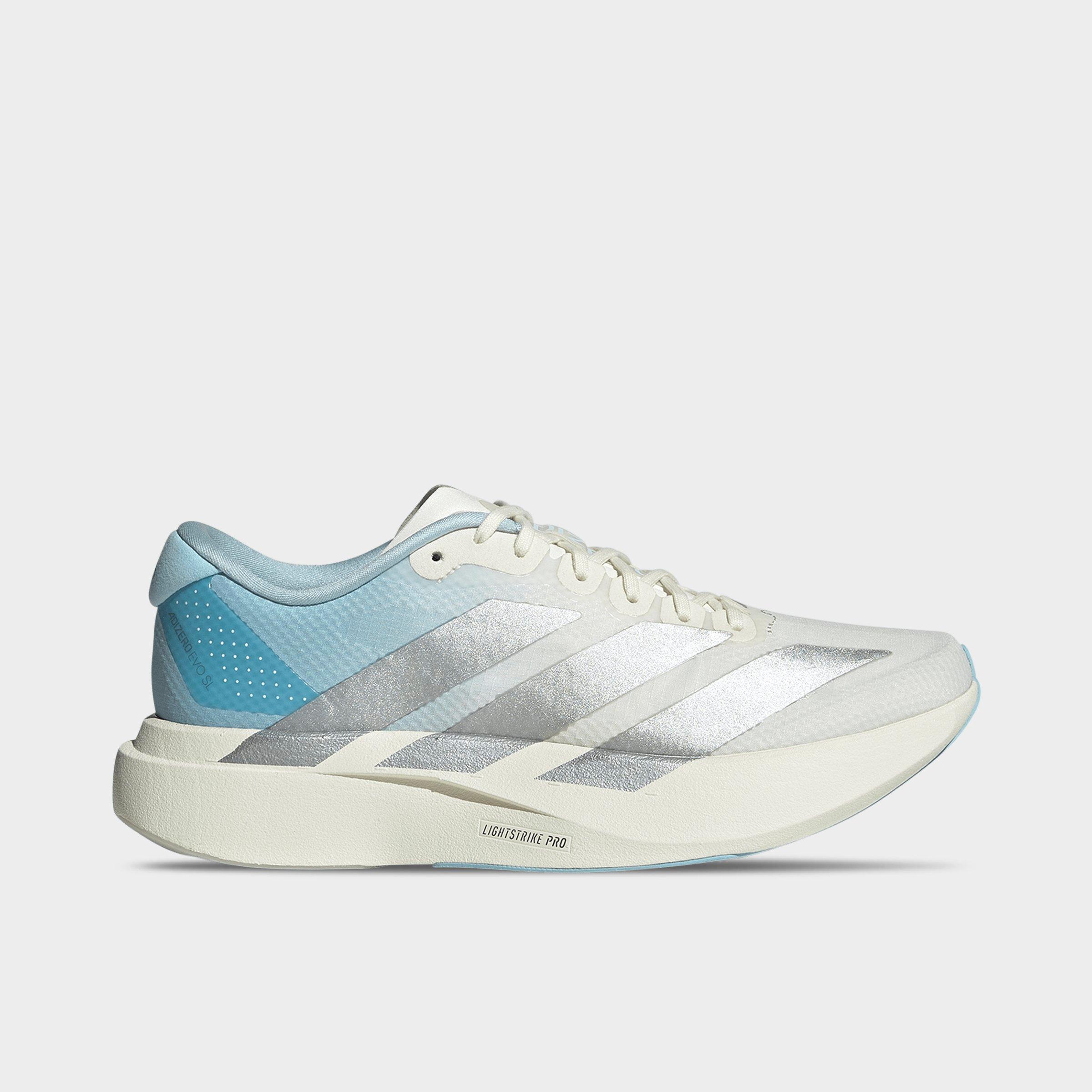 Women's adidas Adizero EVO SL Woven Running Shoes - Part 1 - Off White/Silver Metallic/Icey Blue - Left shoe facing left. Outside of the shoe.