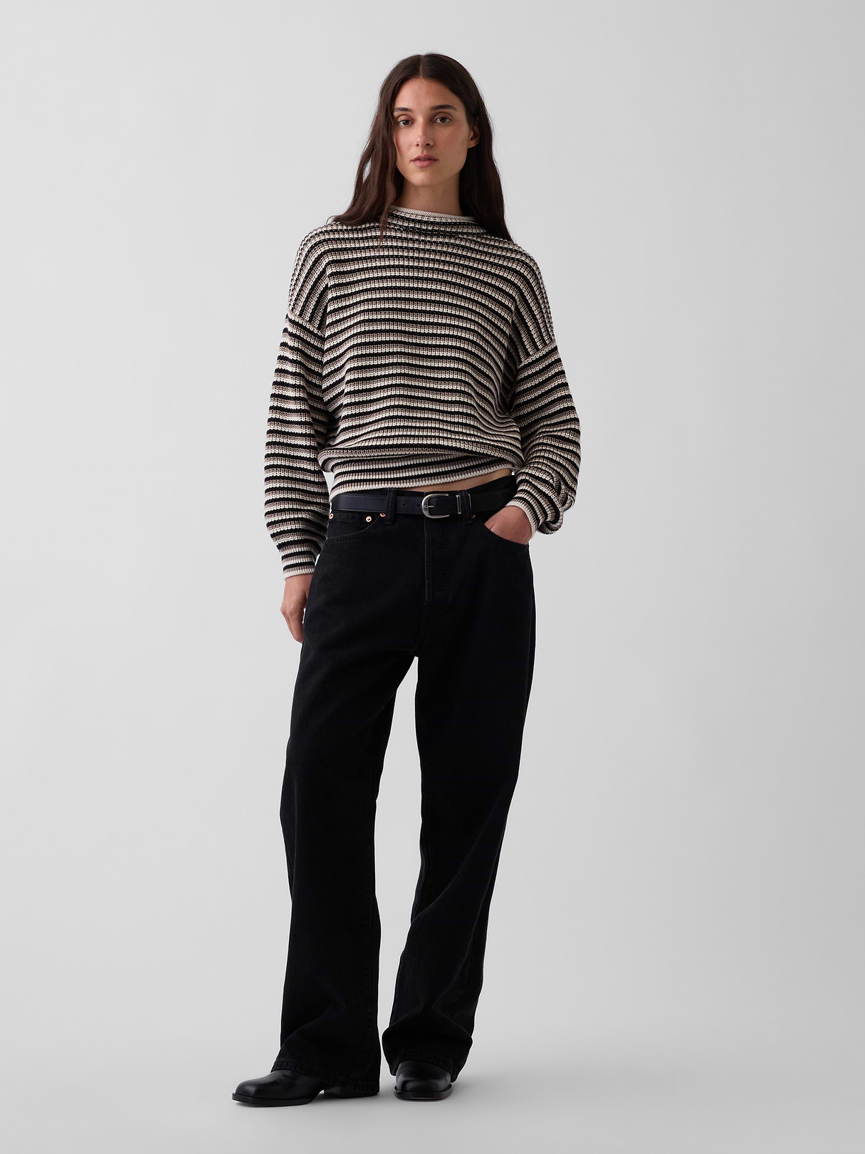 100% Cotton Oversized Rollneck Sweater - Black, grey, & off white stripe