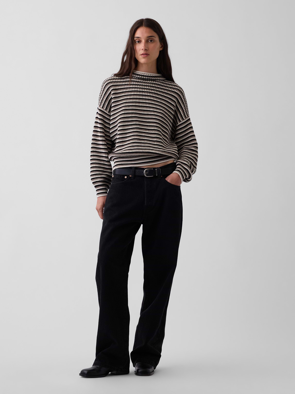 100% Cotton Oversized Rollneck Sweater - Black, grey, & off white stripe