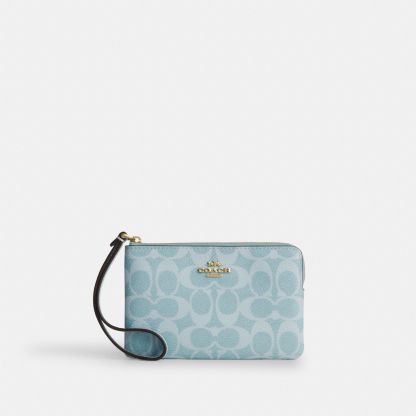 Corner Zip Wristlet In Signature Canvas - Gold/Light Blue