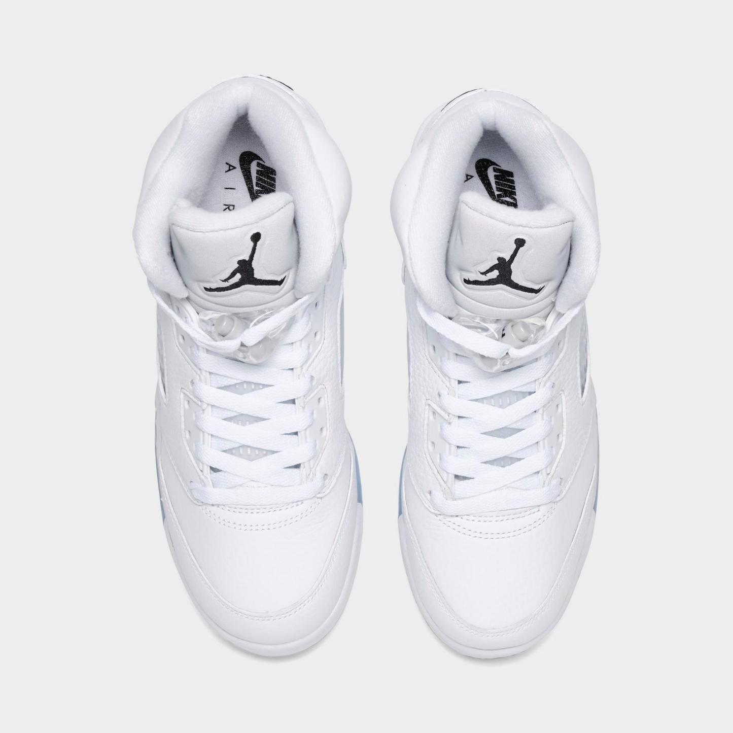 Big Kids' Air Jordan Retro 5 Basketball Shoes - White/Metallic Silver/Black - Left shoe facing left. Outside of the shoe. - view 5