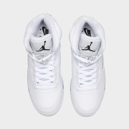 Big Kids' Air Jordan Retro 5 Basketball Shoes - White/Metallic Silver/Black - Left shoe facing left. Outside of the shoe. - view 5