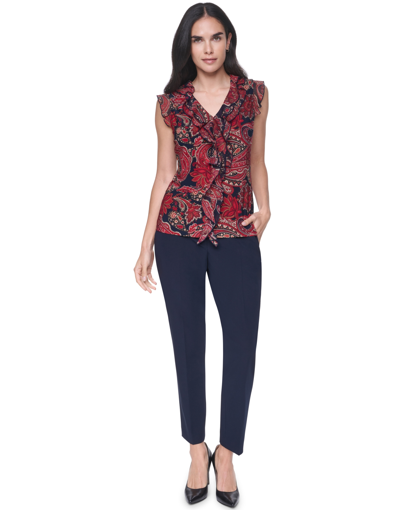 Tommy Hilfiger Women's Sleeveless Paisley V-Neck Blouse - Midnight Multi