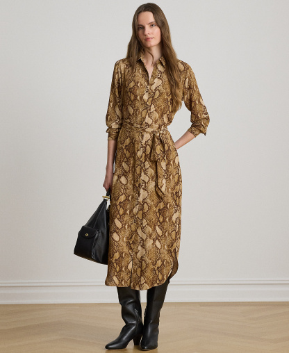 Lauren Ralph Lauren Women's Collared Long-Sleeve Shirt Dress - Tan Multi
