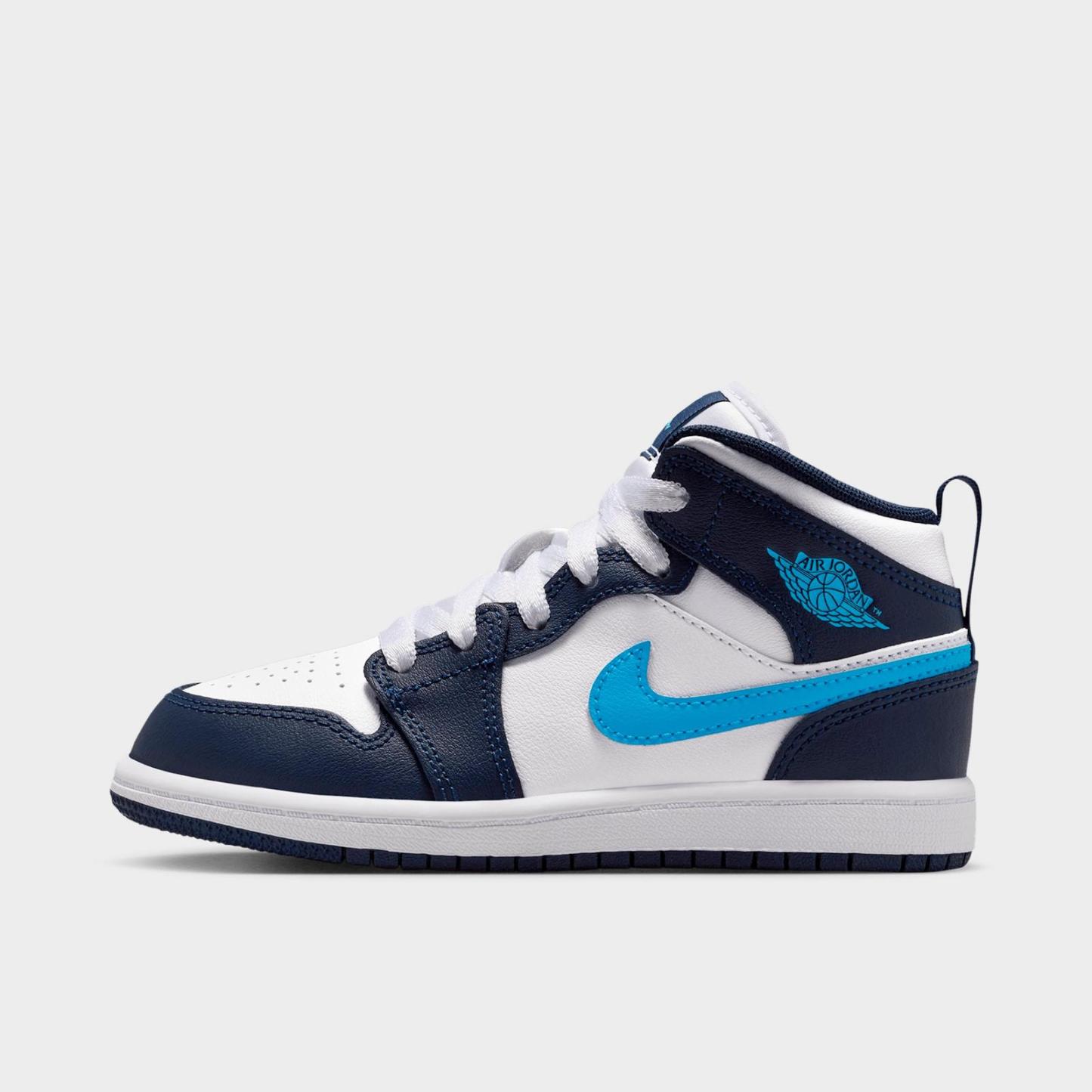 Little Kids' Air Jordan Retro 1 Mid Casual Shoes - Obsidian/White/Dark Powder Blue - view 1