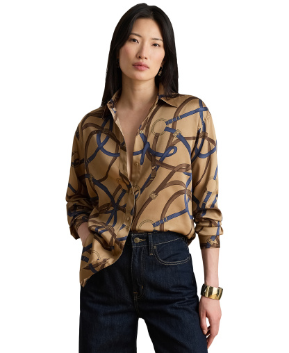 Lauren Ralph Lauren Women's Belting Print Collared Shirt - Camel Multi