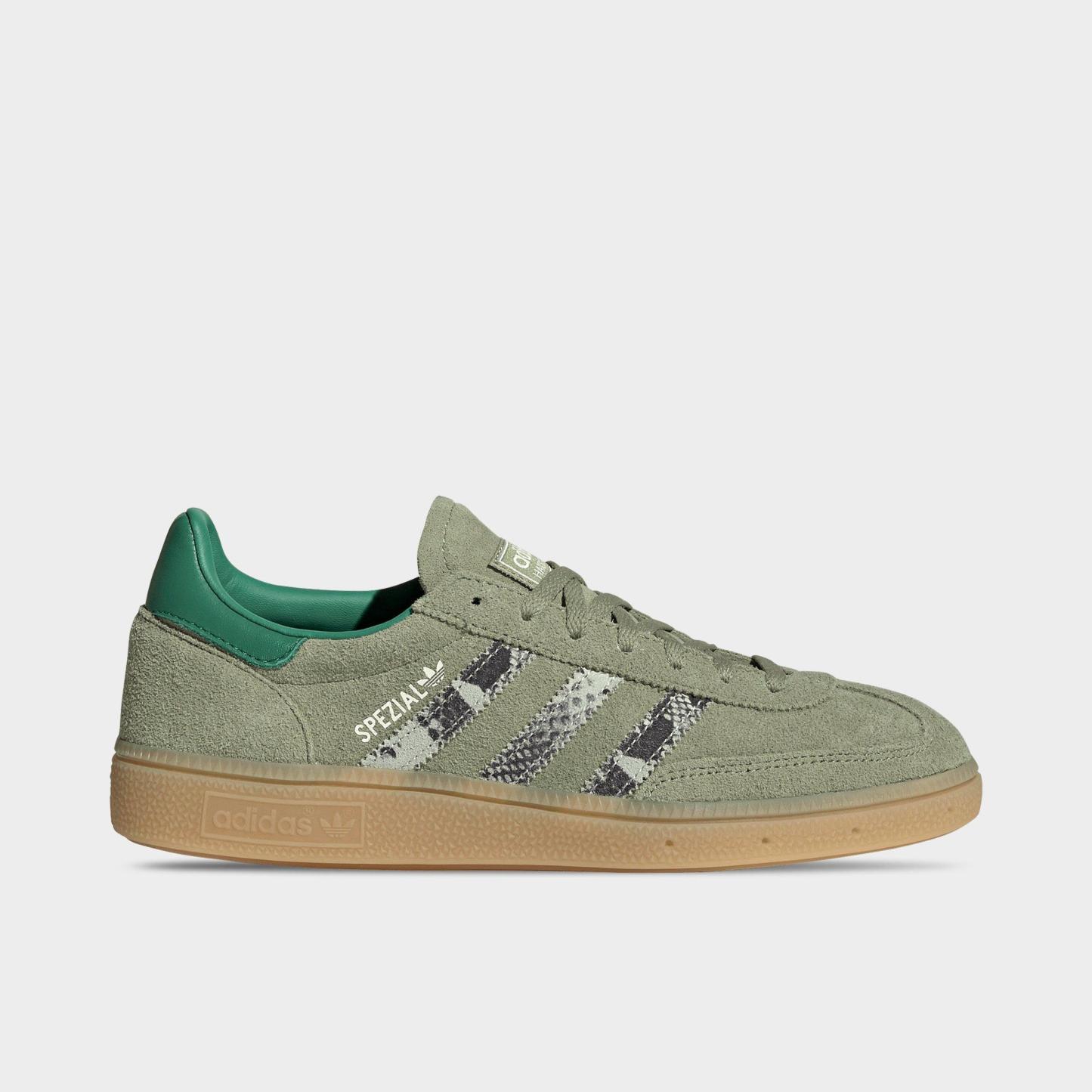 Women's adidas Originals Handball Spezial Casual Shoes - Part 1 - Tent Green/Linen Green/Blanch Green - Left shoe facing left. Outside of the shoe.