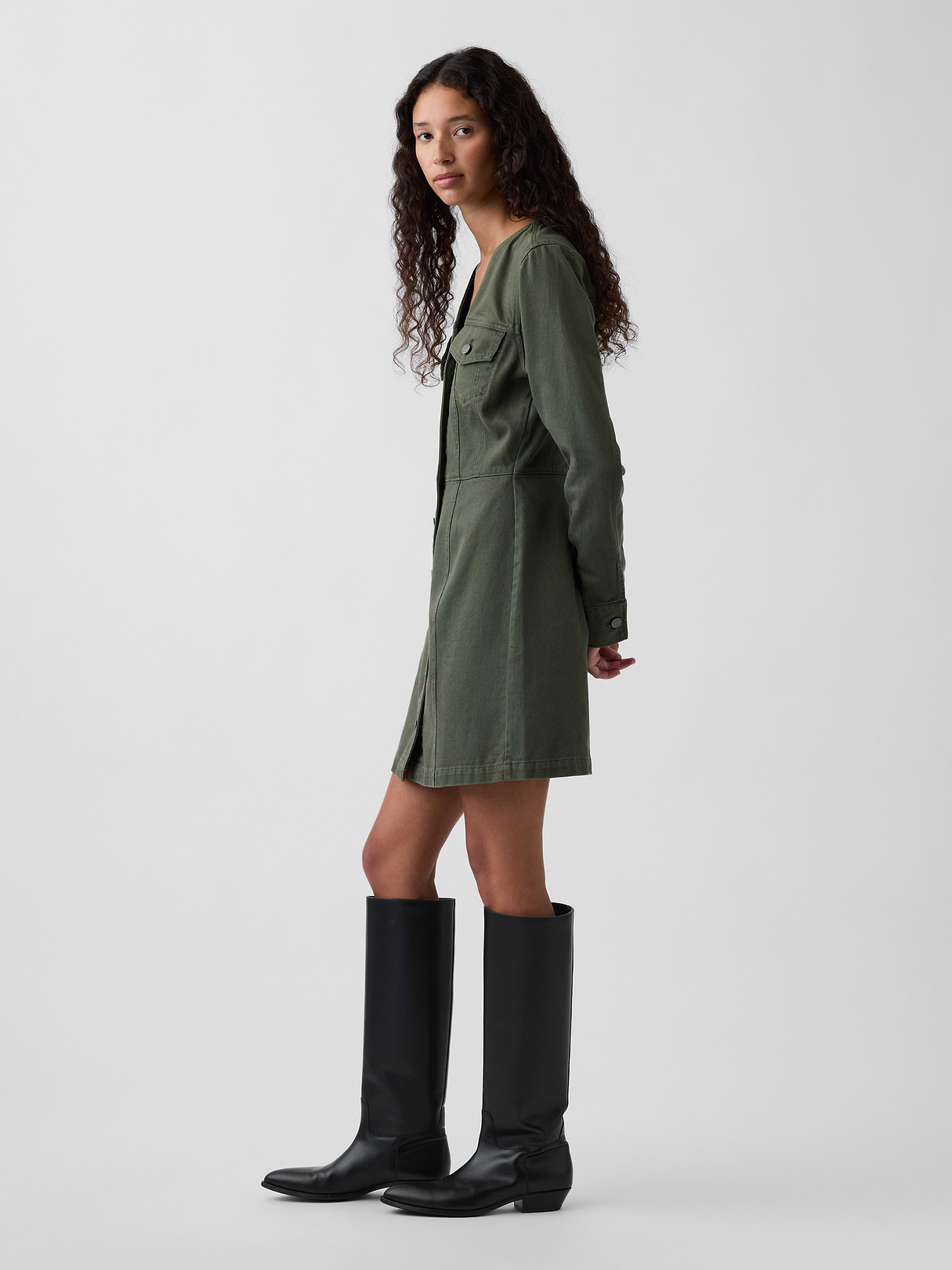 V-Neck Button-Front Mini Dress - Tweed green