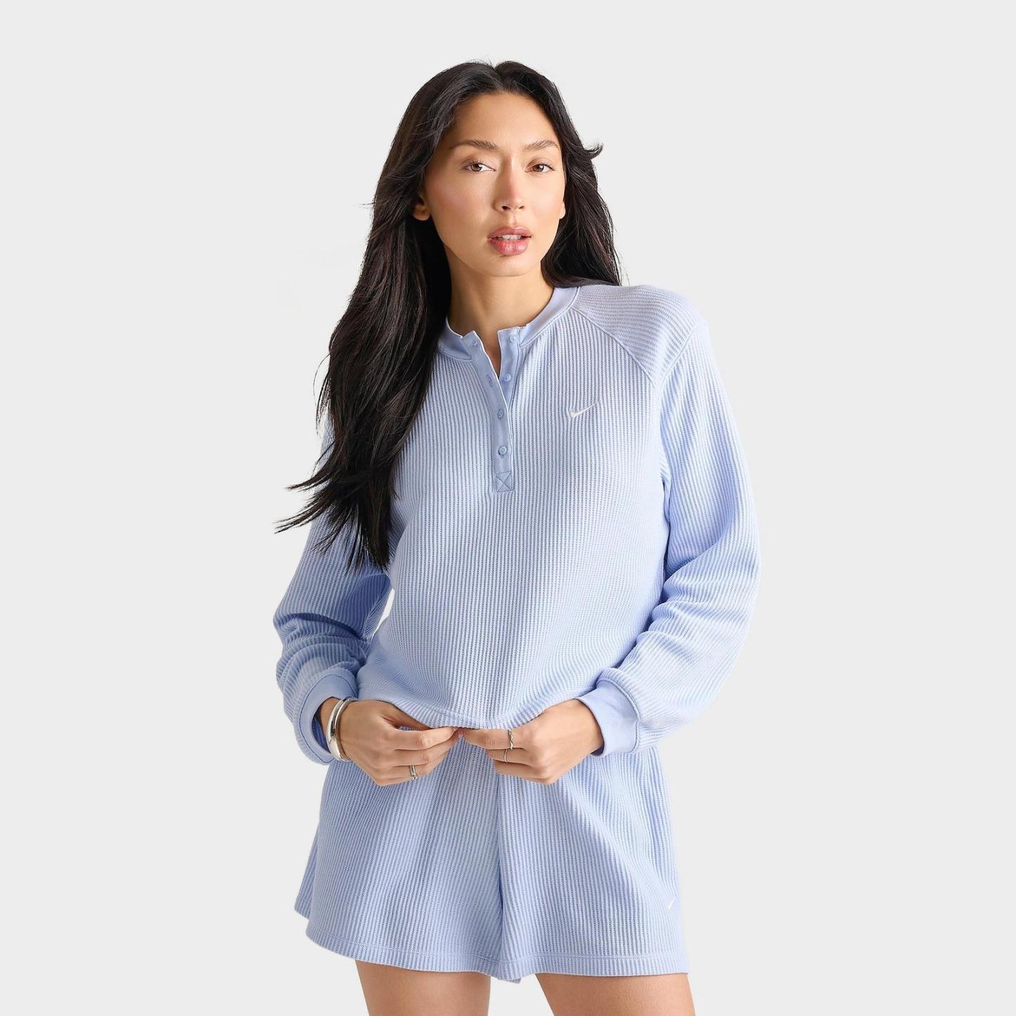 Women's Nike Sportswear Chill Waffle Oversized Long-Sleeve Henley Top - Hydrogen Blue/Sail