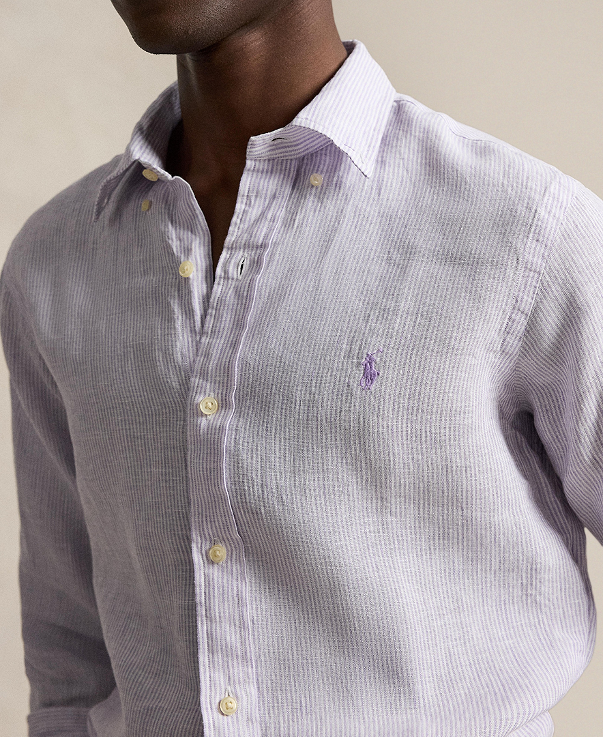 Polo Ralph Lauren Men's Striped Linen Classic-Fit Shirt - Powder Purple/White