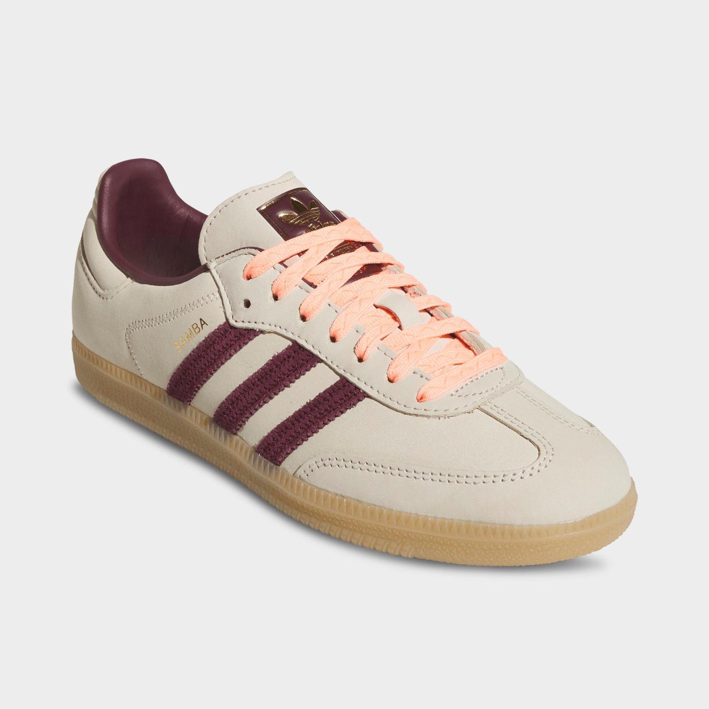 Women's adidas Originals Samba OG Casual Shoes - Part 3 - Wonder White/Maroon/Frozen Turbo - Both shoes facing left