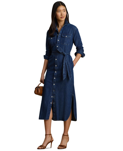 Lauren Ralph Lauren Women's Collared Belted Denim Midi Shirt-Dress - Harvest Wash