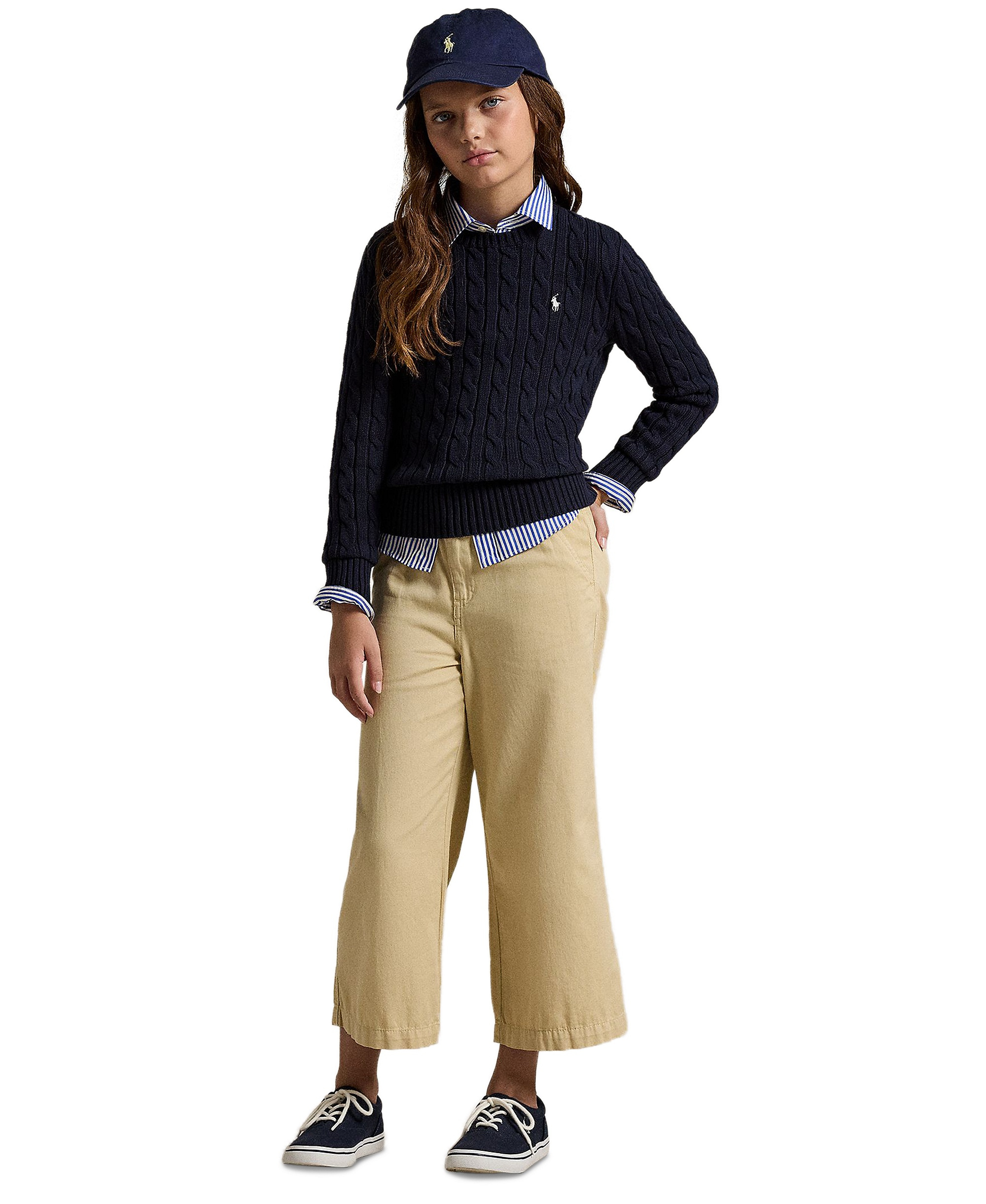 Polo Ralph Lauren Girls' 7-16 Cable-Knit Long Sleeves Sweater - Navy