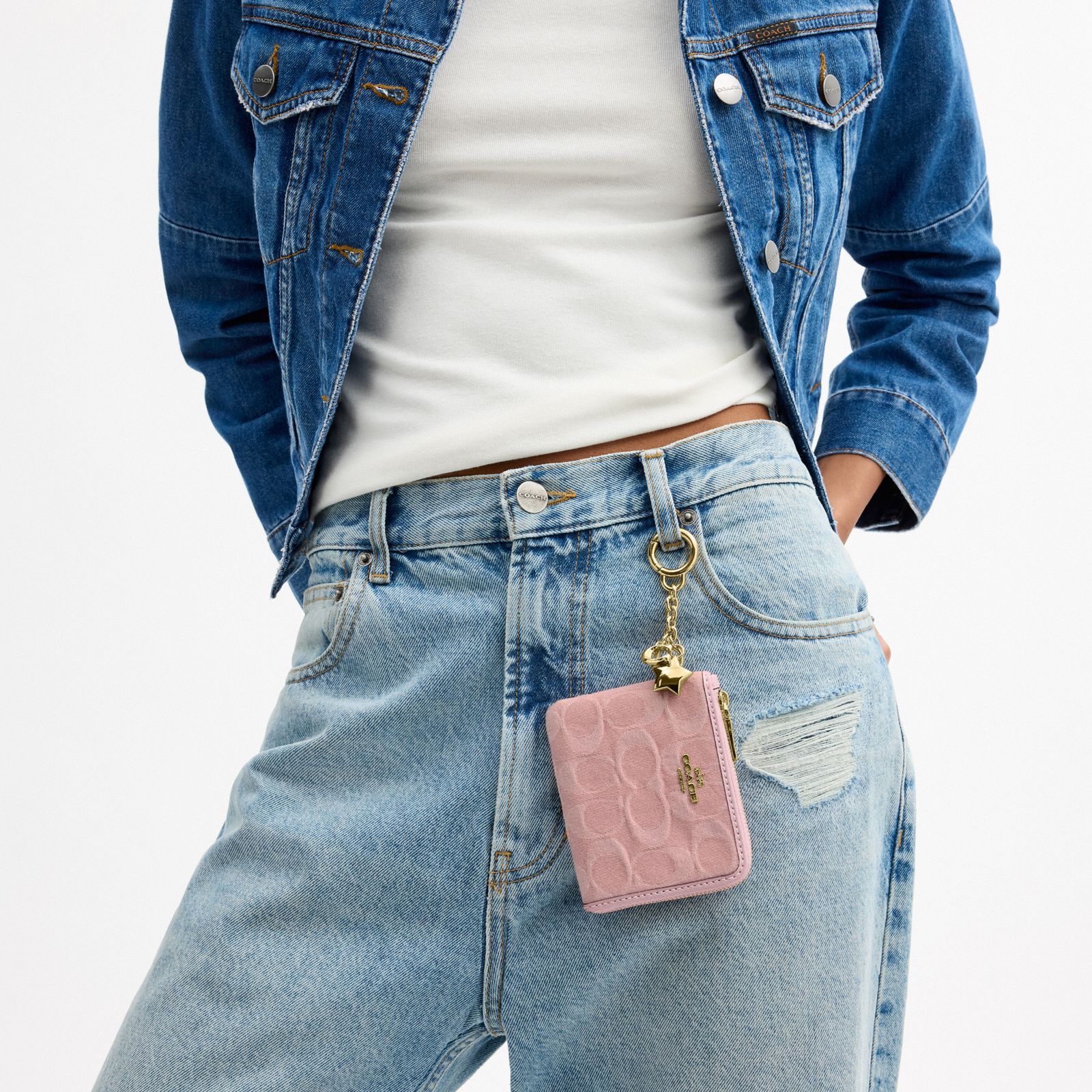Small Corner Zip Wallet In Signature Denim With Charms - Gold/Light Pink - view 2