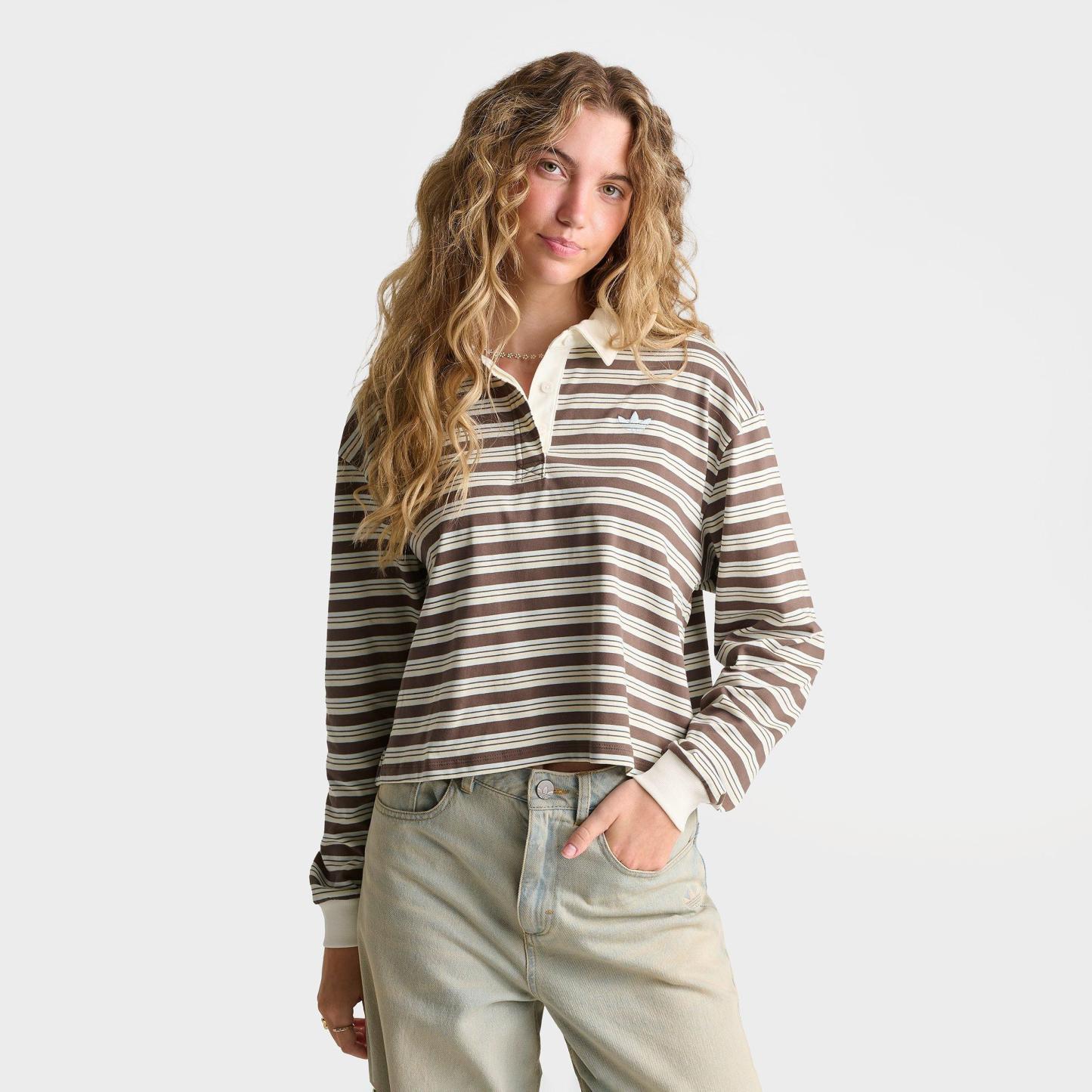 Women's adidas Originals Striped OVZD Long-Sleeve Polo T-Shirt - Earth Strata/Ice Blue