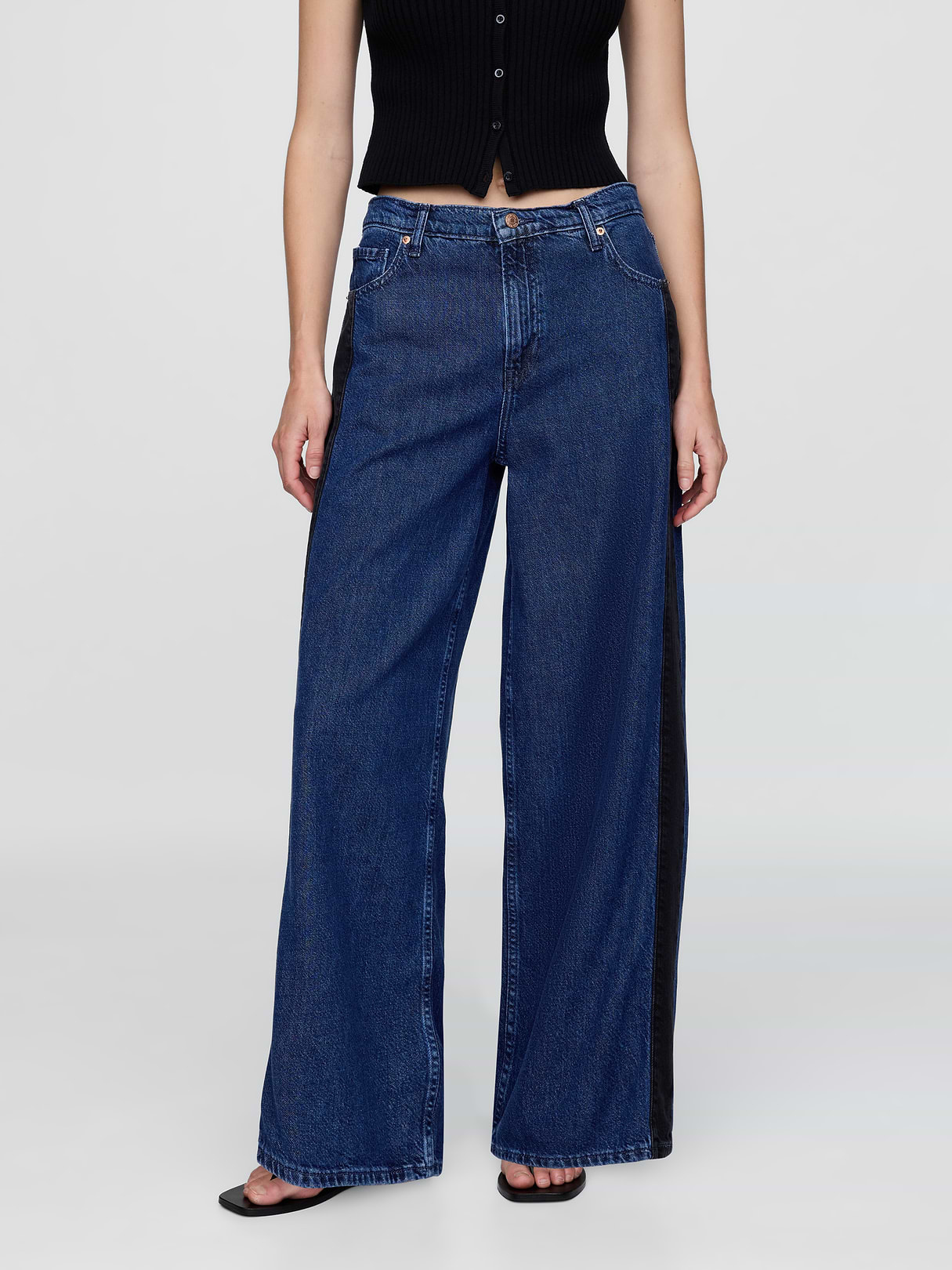 Mid Rise Denim Stripe Baggy Jeans - Side stripe medium wash