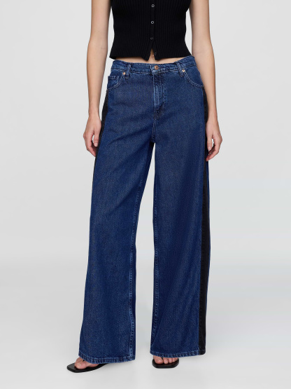 Mid Rise Denim Stripe Baggy Jeans - Side stripe medium wash