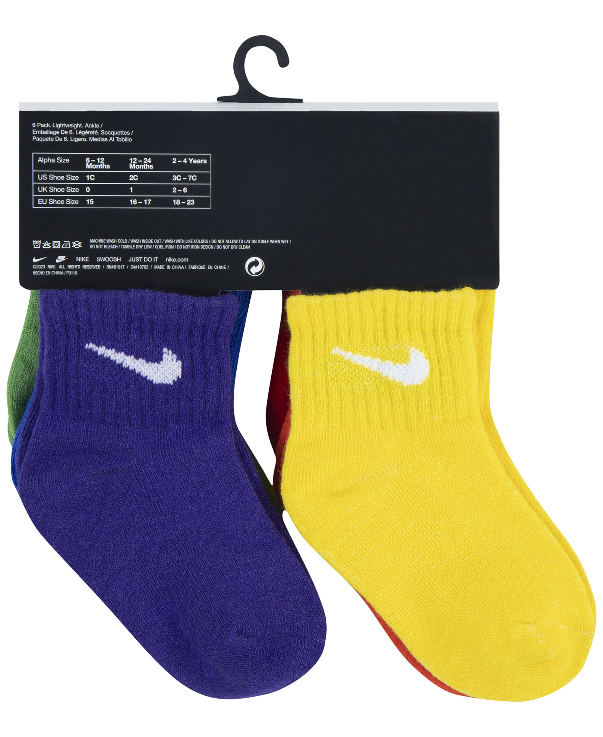 Nike Baby and Toddler Boys' and Baby Girls' Swoosh Ankle Socks, 6-Pack - Red/Blue/Multi
