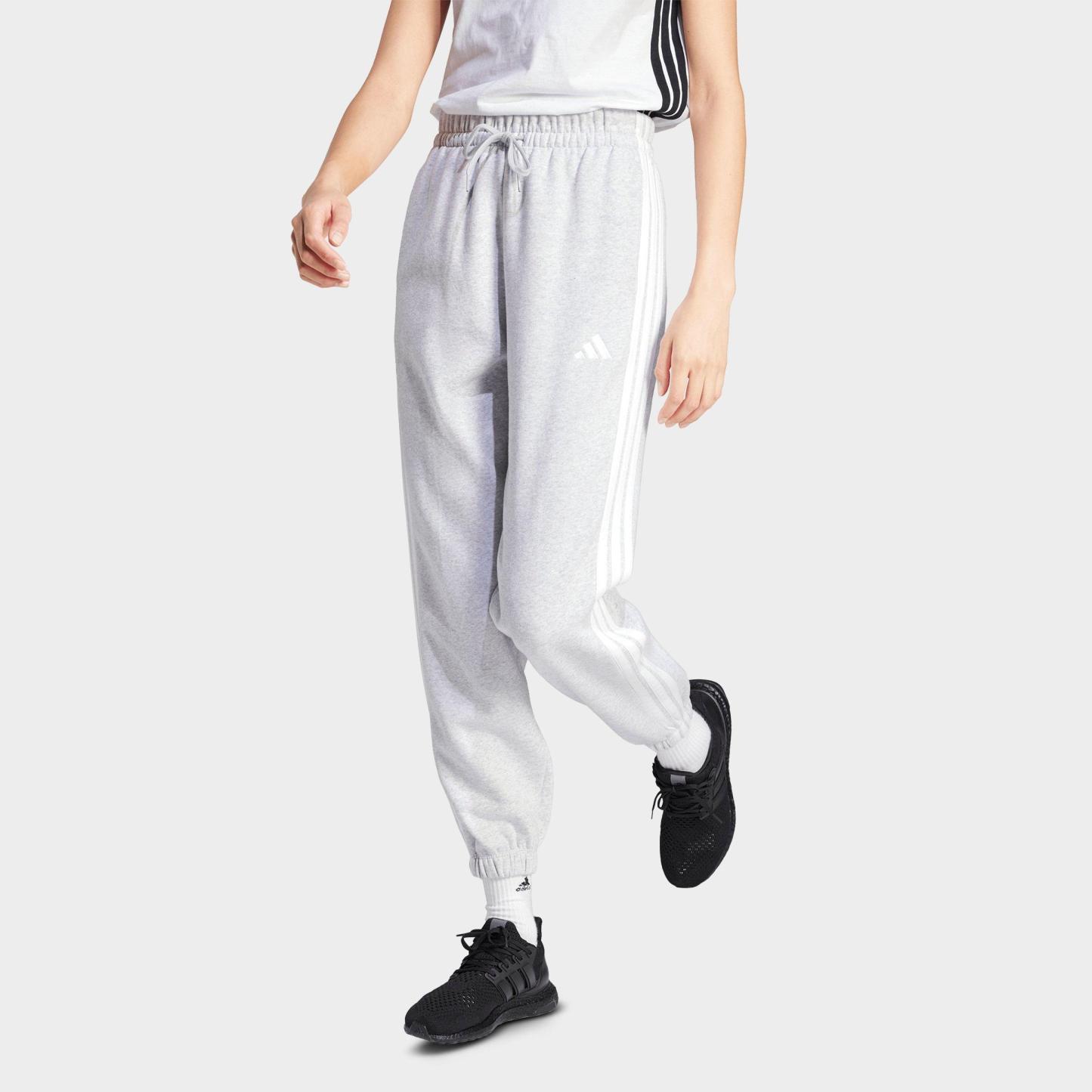 Women's adidas Essentials 3-Stripes Fleece Loose Pants - Light Grey Heather/White