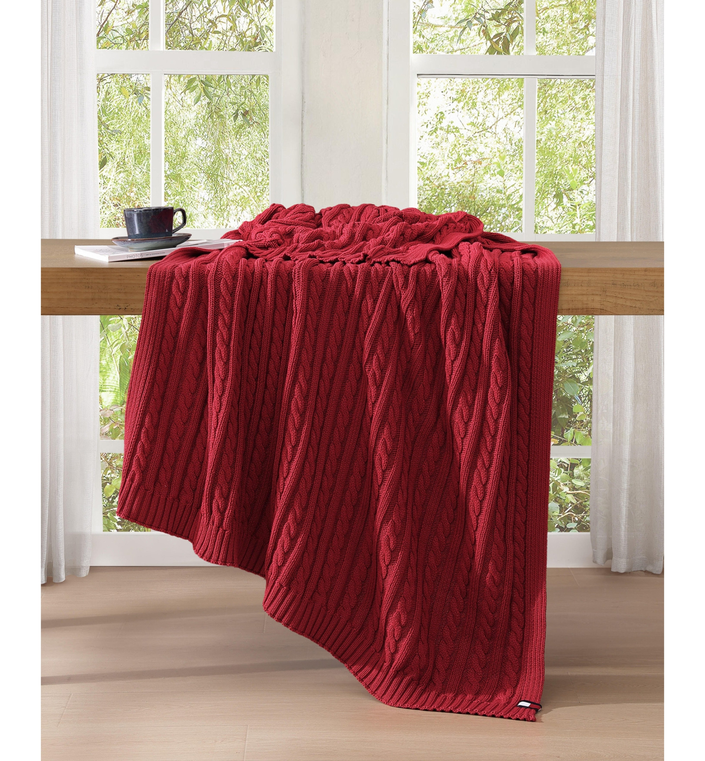 Tommy Hilfiger Solid Cotton Cable Knit Throw, 70" x 50" - Dark Red