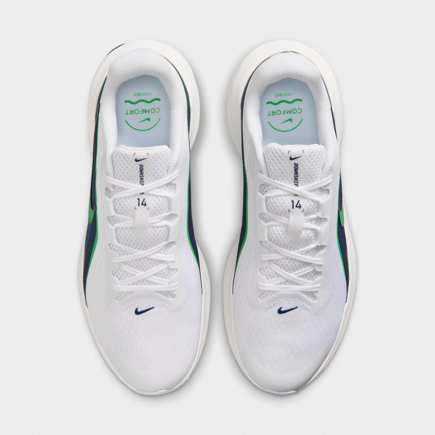 Men's Nithtke Downshifter 14 Running Shoes - White/Midnight Navy/Summit White/Green Spark - Top view