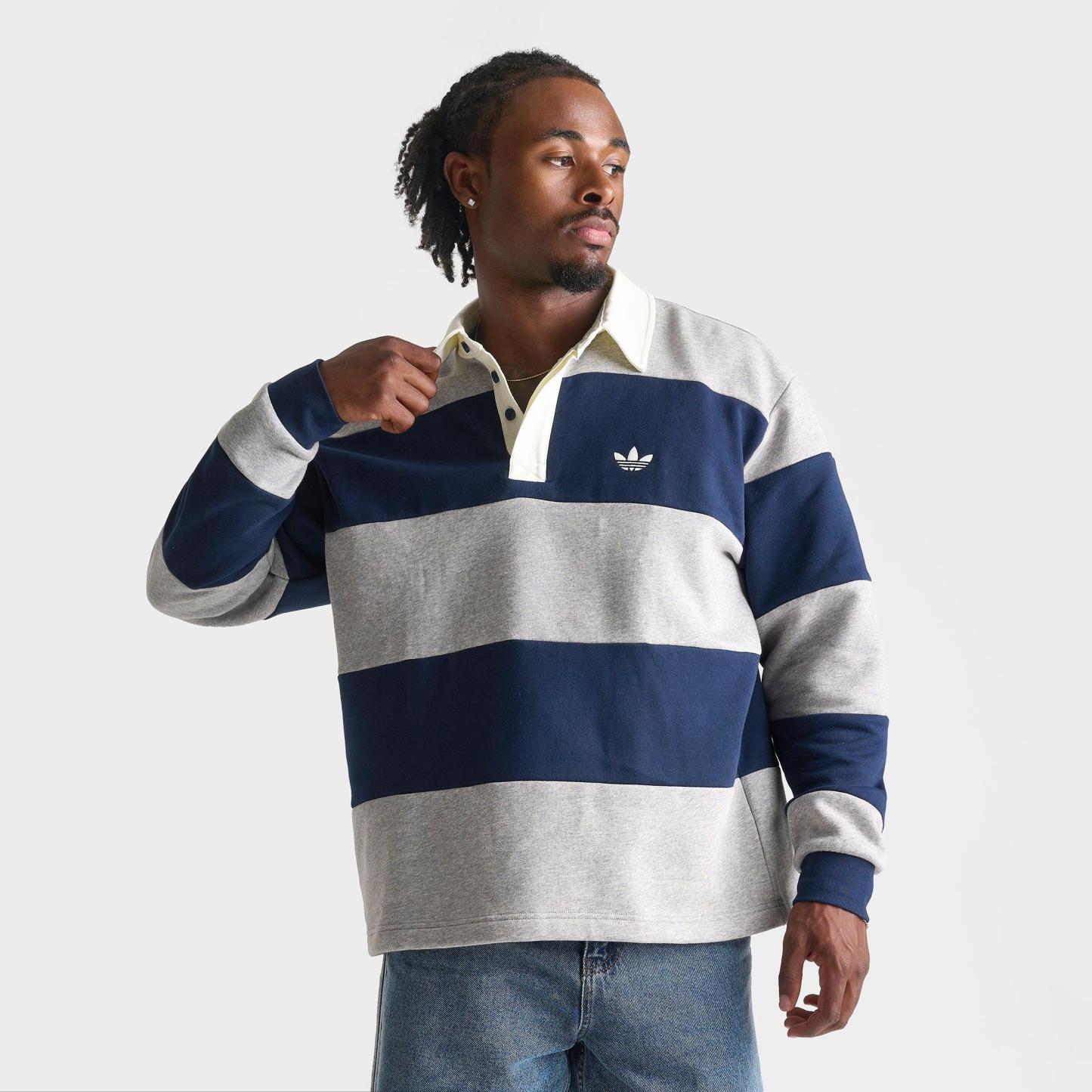 Men's adidas Originals Panel Cut Striped Rugby Shirt - Medium Grey Heather/Collegiate Navy