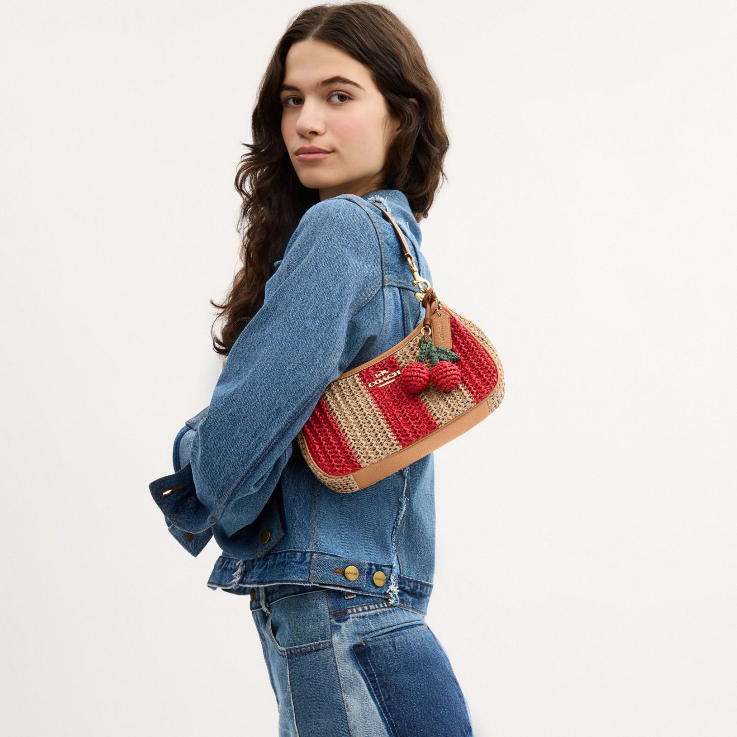 Teri Shoulder Bag With Stripes And Charm - Gold/Red/Tan - view 2