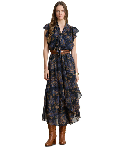 Lauren Ralph Lauren Women's Floral Crinkle Georgette Tie-Neck Midi Dress - Navy Multi