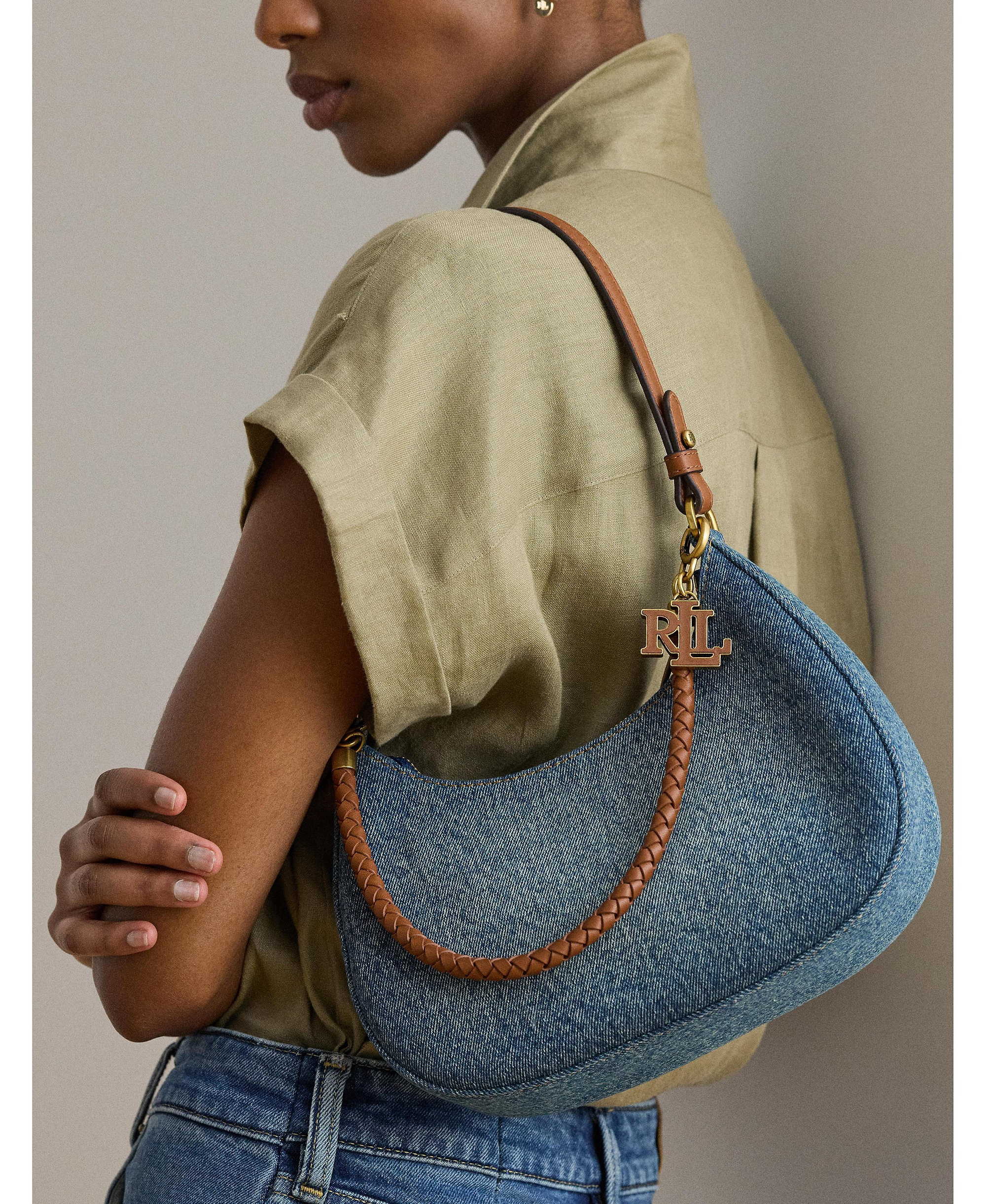 Lauren Ralph Lauren Marcy Medium Denim Zip Shoulder Bag - Oxford Blue/Lauren Tan