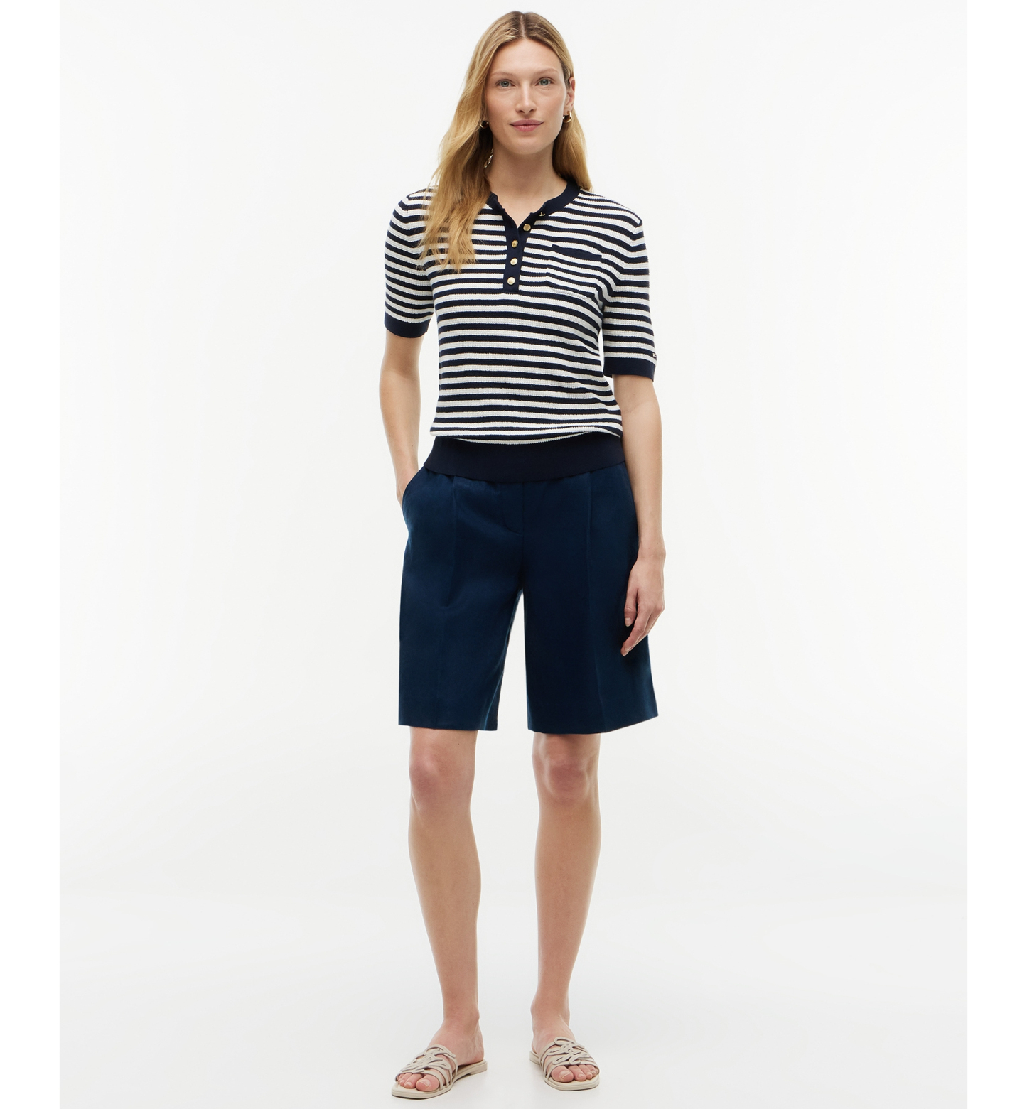 Tommy Hilfiger Women's Henley Neck Cotton Sweater - Ivory Petal / Navy