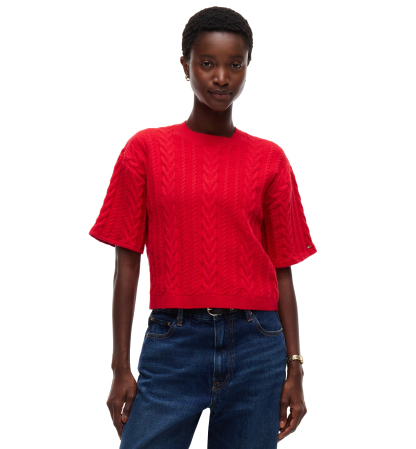 Tommy Hilfiger Women's Cable-Knit Bow Detail Crewneck Sweater - Red