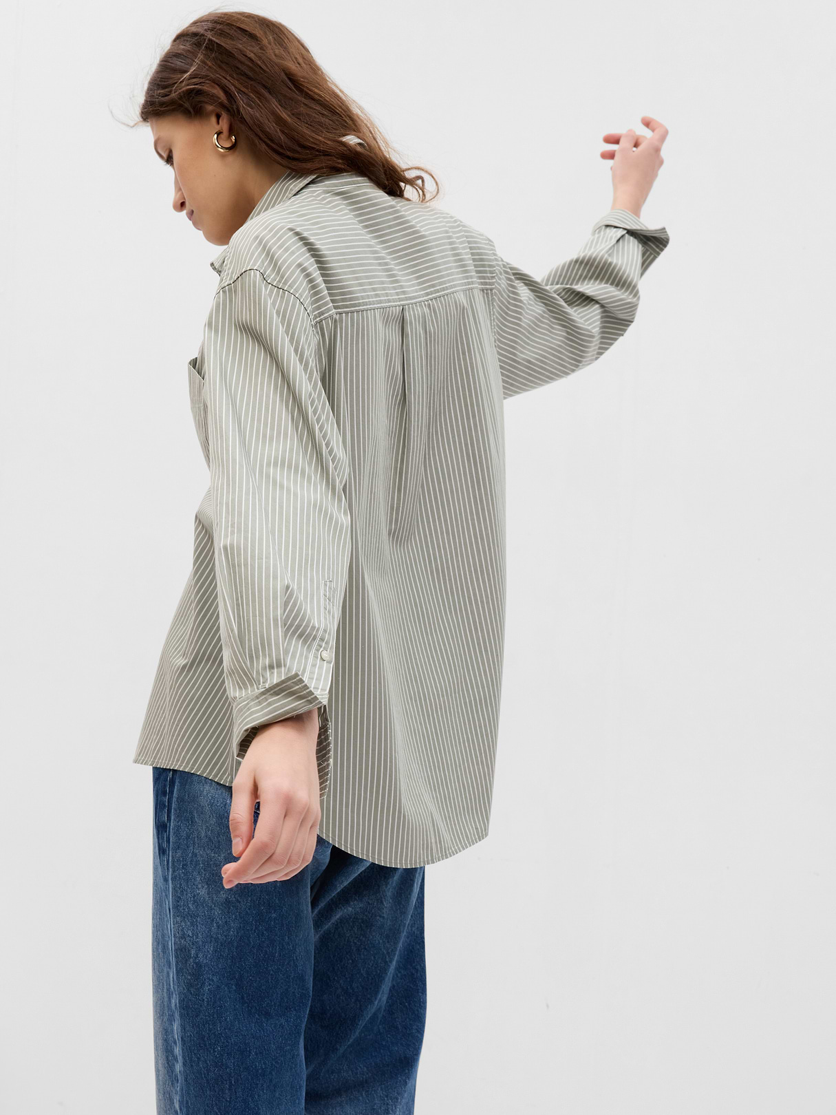 Organic Cotton Poplin Stripe Big Shirt - olive green stripe