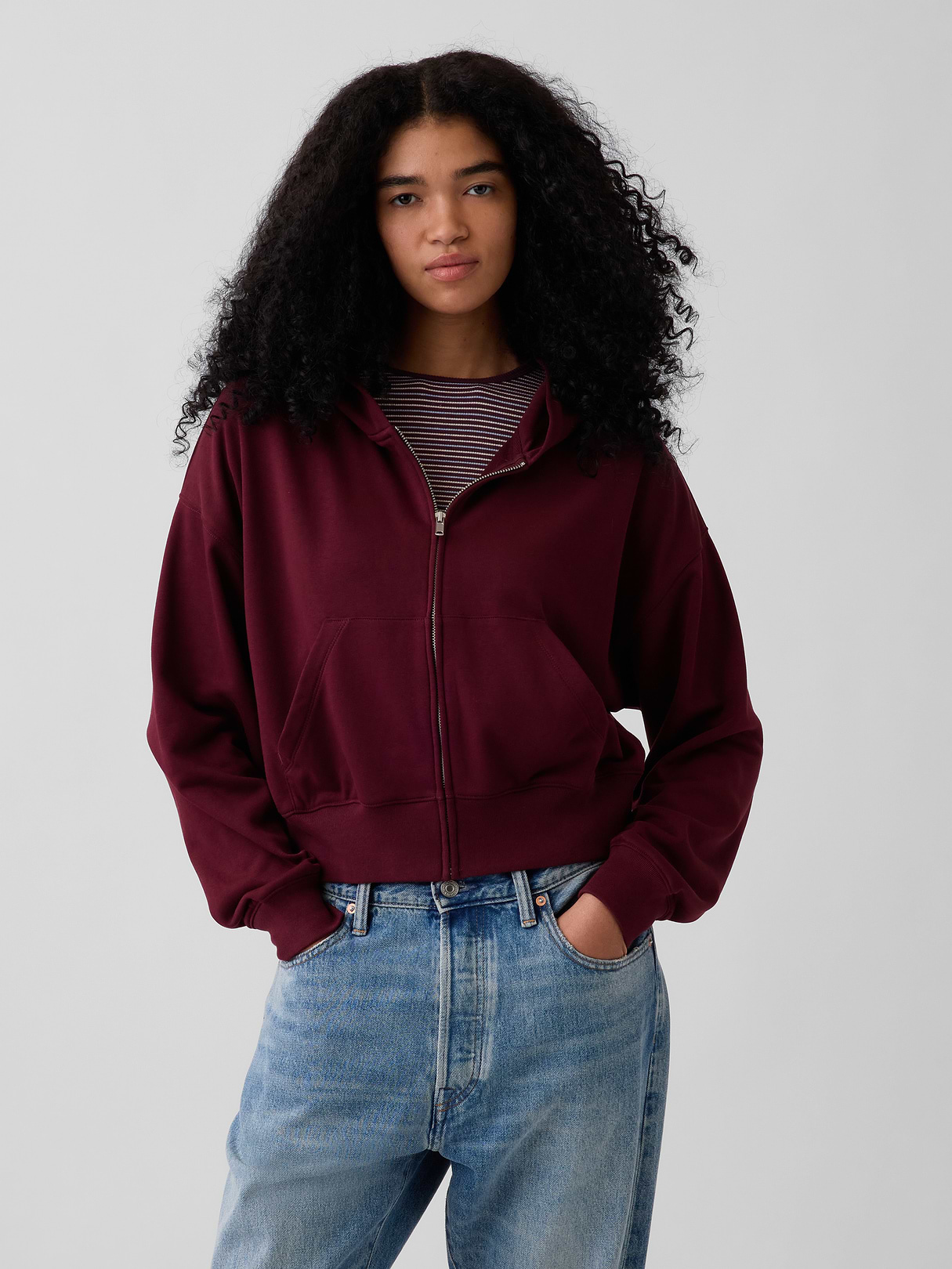 VintageSoft Terry Oversized Wedge Zip Hoodie - Purple burgundy